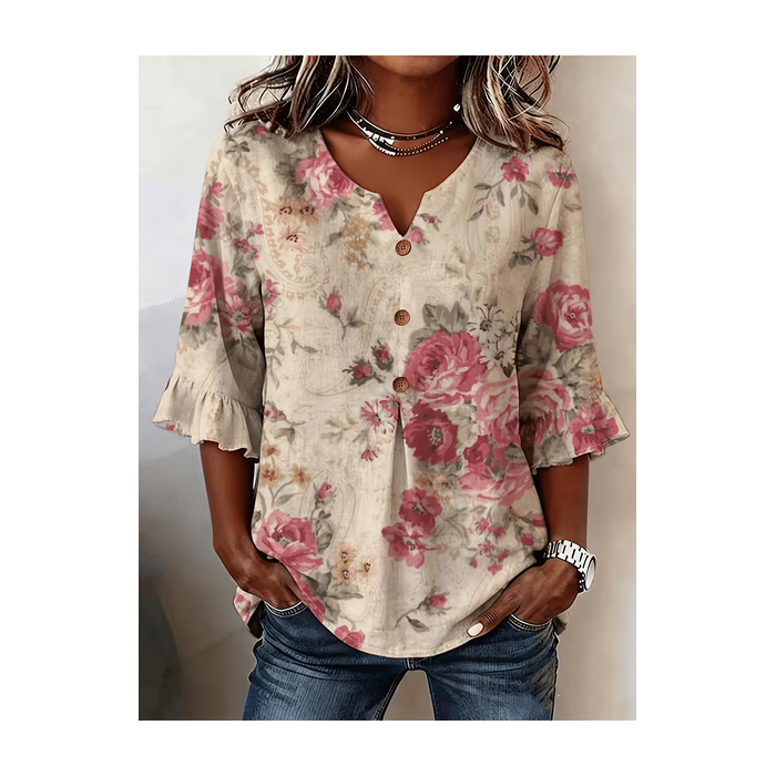 Women Floral V Neck Half Sleeve Blouse Printing Vintage Daily Summer Top
