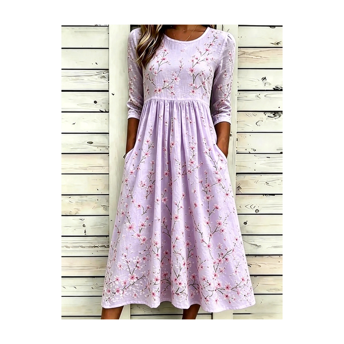 Women Floral Half Sleeve Crew Neck Dress Daily Vintage Maxi A-Line Summer Dress