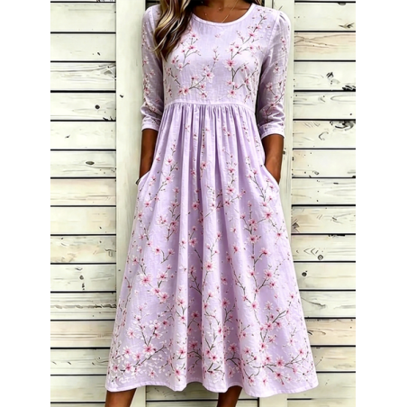 Women Floral Half Sleeve Crew Neck Dress Daily Vintage Maxi A-Line Summer Dress