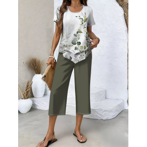 Women Floral Printing Two-Piece Set Daily Short Sleeve Casual Summer Top With Pants Matching Set