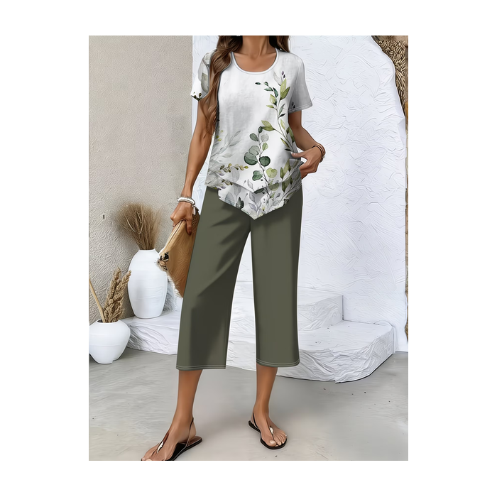 Women Floral Printing Two-Piece Set Daily Short Sleeve Casual Summer Top With Pants Matching Set