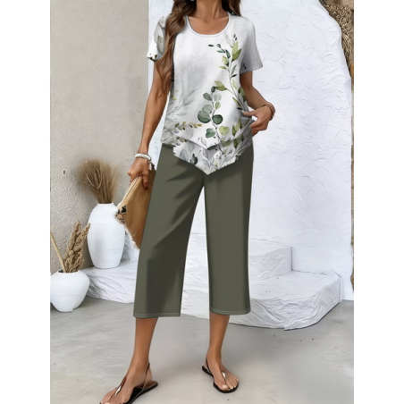 Women Floral Printing Two-Piece Set Daily Short Sleeve Casual Summer Top With Pants Matching Set