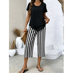 Women Striped Printing Two-Piece Set Daily Short Sleeve Casual Summer Top With Pants Matching Set