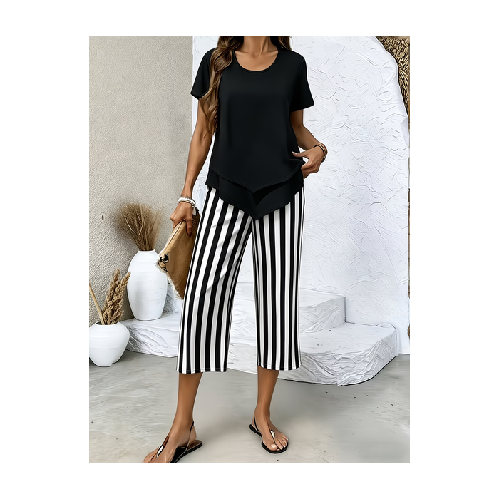 Women Striped Printing Two-Piece Set Daily Short Sleeve Casual Summer Top With Pants Matching Set