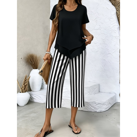 Women Striped Printing Two-Piece Set Daily Short Sleeve Casual Summer Top With Pants Matching Set