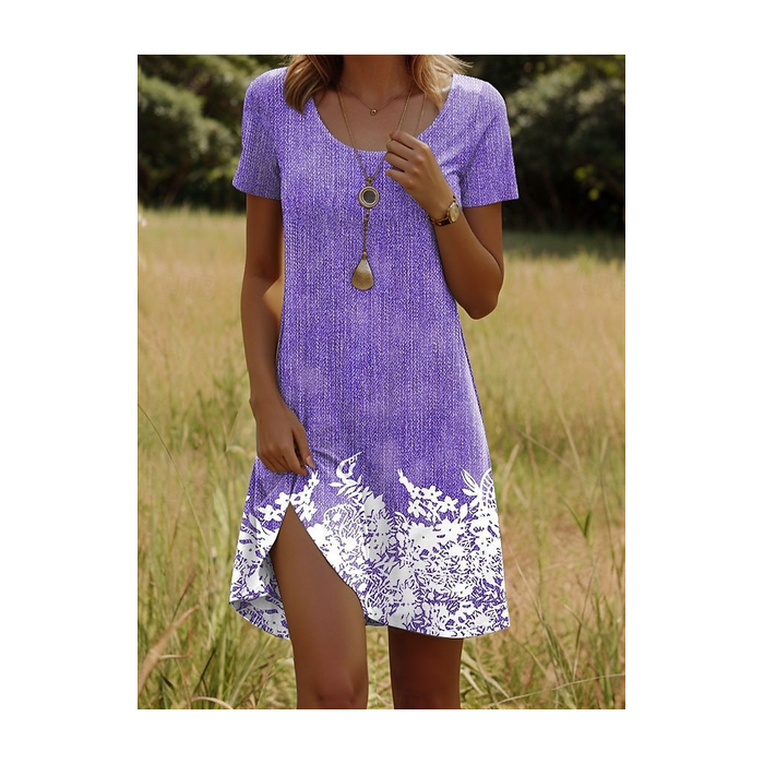 Women Floral Short Sleeve Crew Neck Dress Daily Casual Midi Fit & Flare Dress A-Line Summer Dress