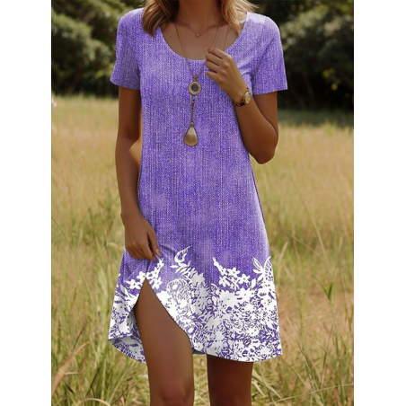 Women Floral Short Sleeve Crew Neck Dress Daily Casual Midi Fit & Flare Dress A-Line Summer Dress
