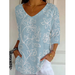 Women Floral Three Quarter Sleeve Tee T-shirt V Neck Printing Casual Graphic Tee Spring/Fall Top