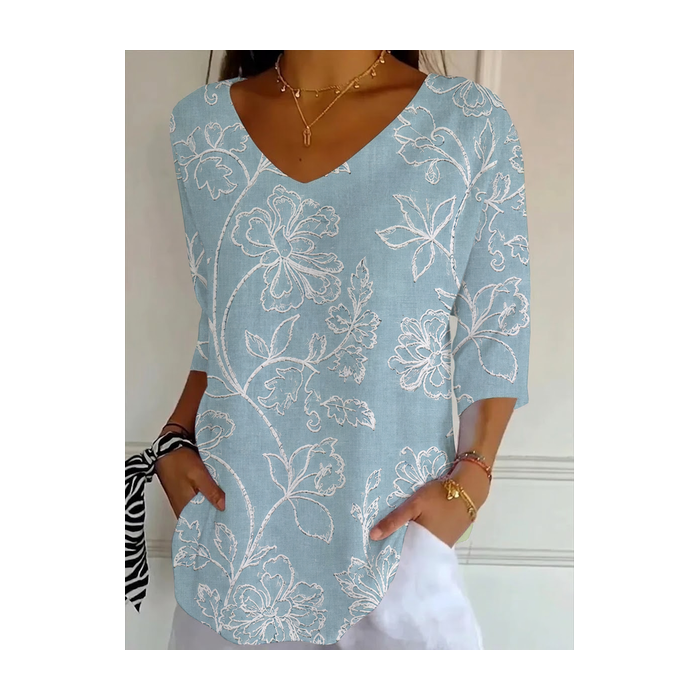 Women Floral Three Quarter Sleeve Tee T-shirt V Neck Printing Casual Graphic Tee Spring/Fall Top