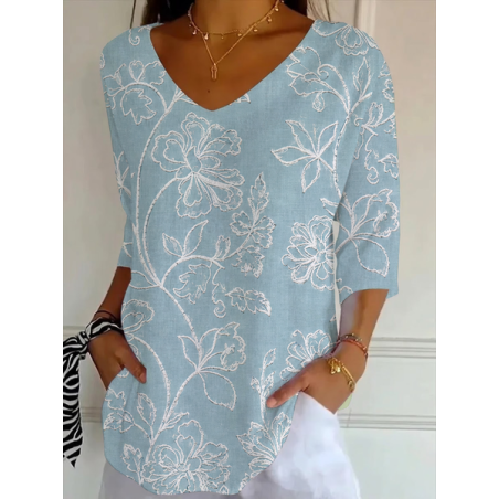 Women Floral Three Quarter Sleeve Tee T-shirt V Neck Printing Casual Graphic Tee Spring/Fall Top