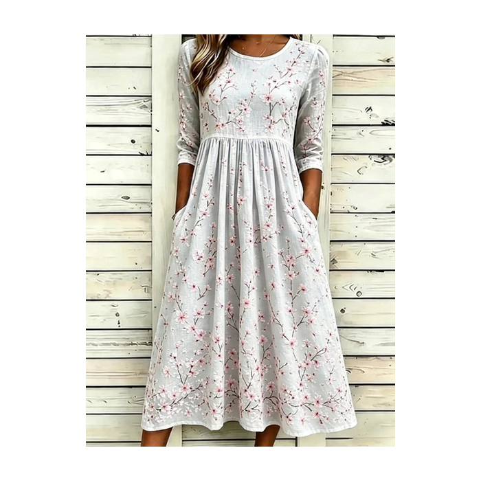 Women Floral Half Sleeve Crew Neck Dress Daily Vintage Maxi A-Line Summer Dress
