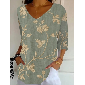 Women Floral Three Quarter Sleeve Tee T-shirt V Neck Printing Casual Graphic Tee Spring/Fall Top