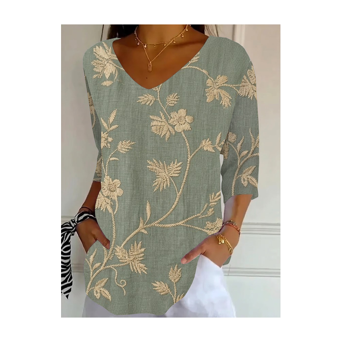 Women Floral Three Quarter Sleeve Tee T-shirt V Neck Printing Casual Graphic Tee Spring/Fall Top