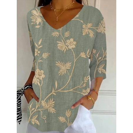 Women Floral Three Quarter Sleeve Tee T-shirt V Neck Printing Casual Graphic Tee Spring/Fall Top