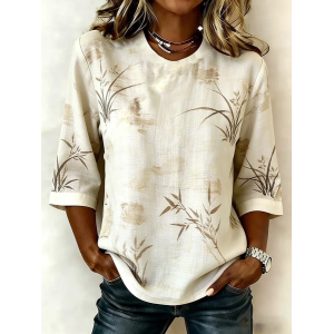 Women Plants Crew Neck Half Sleeve Blouse Printing Vintage Daily Summer Top