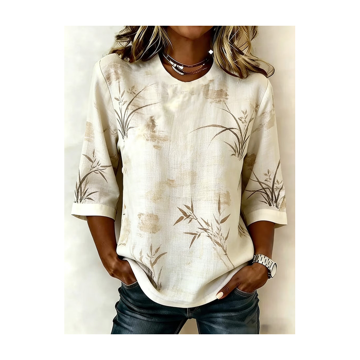 Women Plants Crew Neck Half Sleeve Blouse Printing Vintage Daily Summer Top