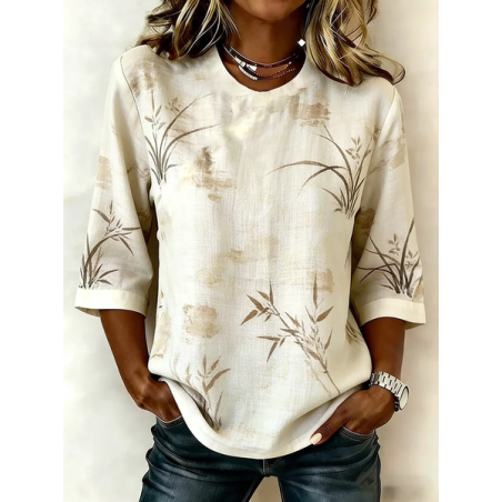 Women Plants Crew Neck Half Sleeve Blouse Printing Vintage Daily Summer Top