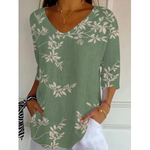 Women Plants Three Quarter Sleeve Tee T-shirt V Neck Printing Casual Graphic Tee Spring/Fall Top