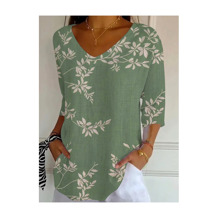Women Plants Three Quarter Sleeve Tee T-shirt V Neck Printing Casual Graphic Tee Spring/Fall Top