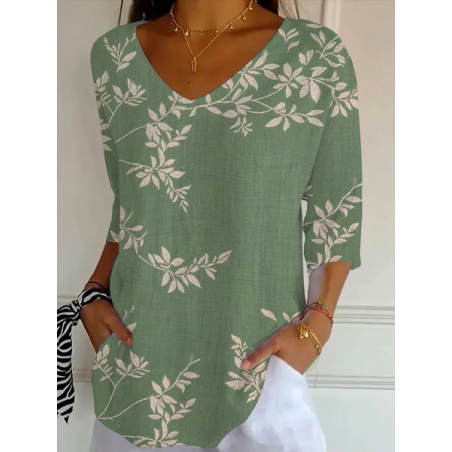 Women Plants Three Quarter Sleeve Tee T-shirt V Neck Printing Casual Graphic Tee Spring/Fall Top