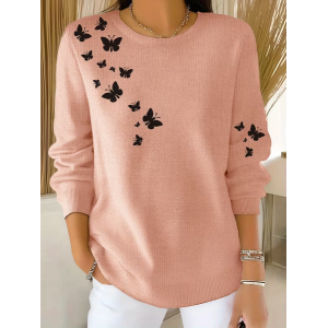 Women Butterfly Printing Spring/Fall Casual Long Sleeve Crew Neck Sweater
