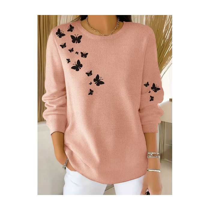 Women Butterfly Printing Spring/Fall Casual Long Sleeve Crew Neck Sweater