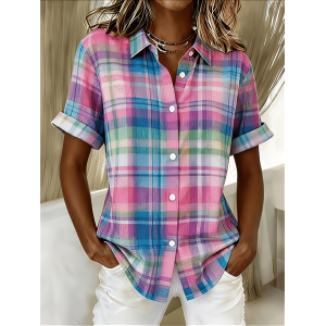 Women Plaid Shirt Collar Short Sleeve Shirt Printing Casual Daily Summer Top
