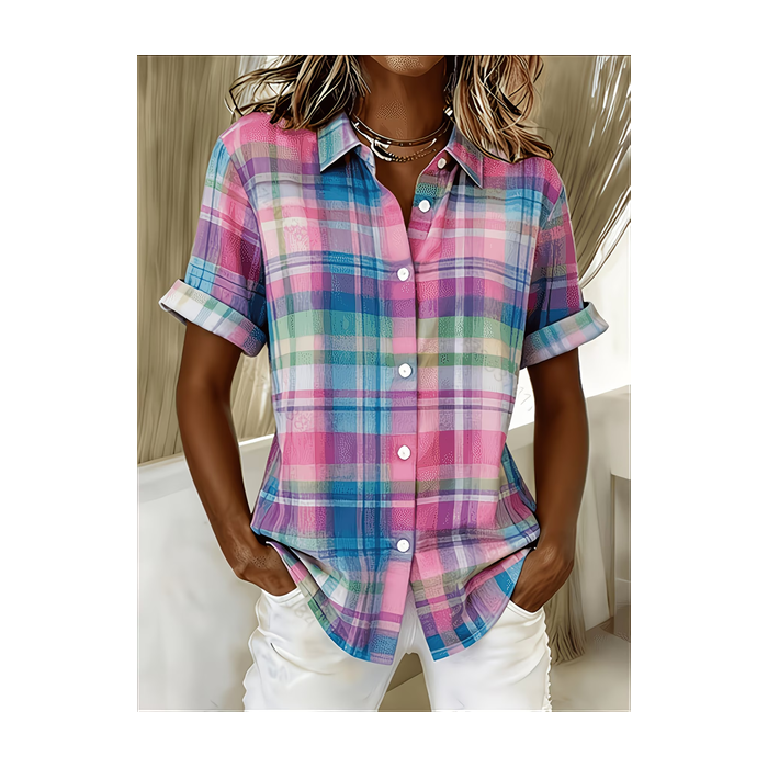 Women Plaid Shirt Collar Short Sleeve Shirt Printing Casual Daily Summer Top