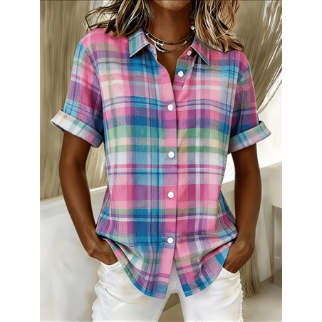 Women Plaid Shirt Collar Short Sleeve Shirt Printing Casual Daily Summer Top
