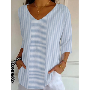 Women Striped Three Quarter Sleeve Tee T-shirt V Neck Printing Casual Graphic Tee Spring/Fall Top