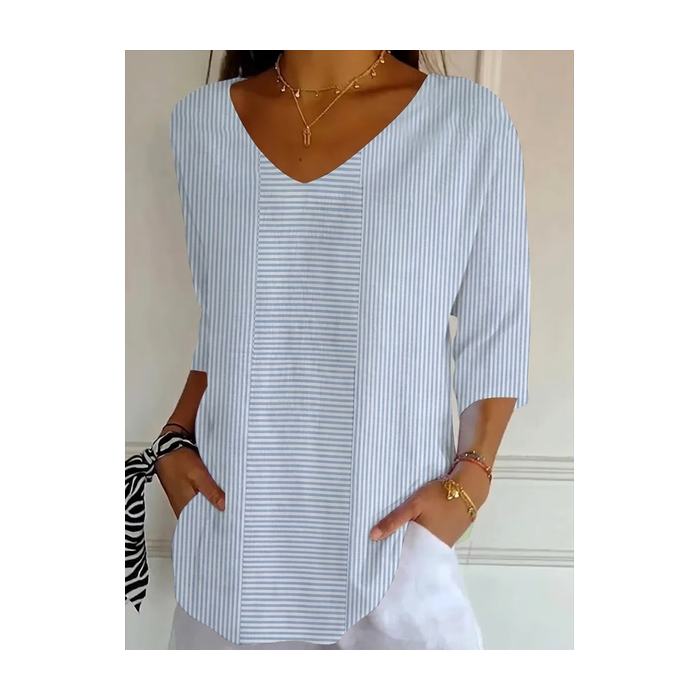 Women Striped Three Quarter Sleeve Tee T-shirt V Neck Printing Casual Graphic Tee Spring/Fall Top