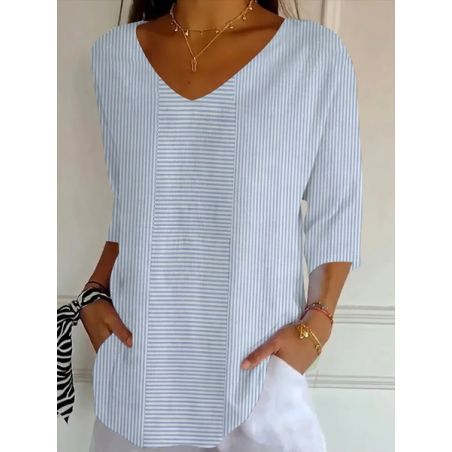 Women Striped Three Quarter Sleeve Tee T-shirt V Neck Printing Casual Graphic Tee Spring/Fall Top