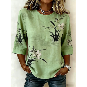 Women Floral Crew Neck Half Sleeve Blouse Printing Vintage Daily Summer Top