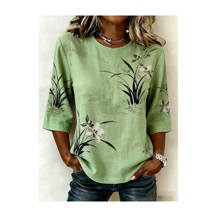 Women Floral Crew Neck Half Sleeve Blouse Printing Vintage Daily Summer Top