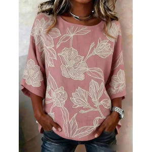 Women Floral Crew Neck Half Sleeve Blouse Printing Vintage Daily Summer Top