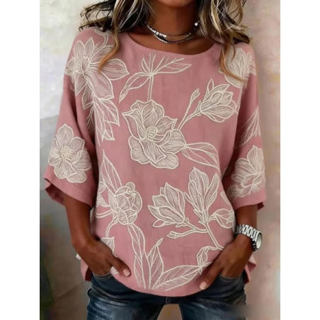 Women Floral Crew Neck Half Sleeve Blouse Printing Vintage Daily Summer Top