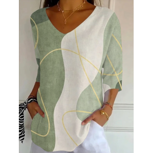 Women Abstract Three Quarter Sleeve Tee T-shirt V Neck Printing Casual Graphic Tee Spring/Fall Top
