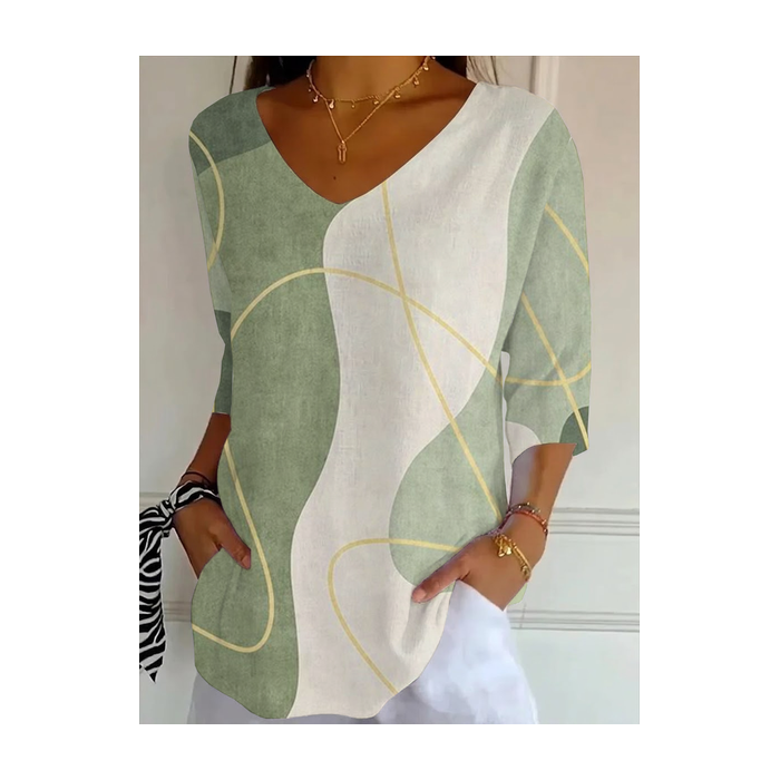 Women Abstract Three Quarter Sleeve Tee T-shirt V Neck Printing Casual Graphic Tee Spring/Fall Top