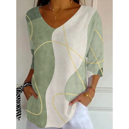 Women Abstract Three Quarter Sleeve Tee T-shirt V Neck Printing Casual Graphic Tee Spring/Fall Top