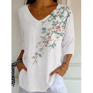 Women Floral Three Quarter Sleeve Tee T-shirt V Neck Printing Casual Graphic Tee Spring/Fall Top