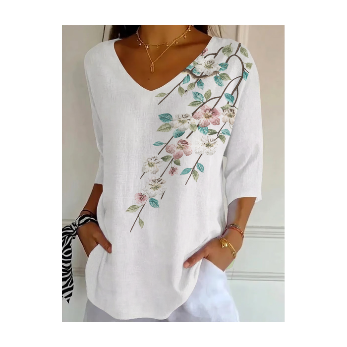 Women Floral Three Quarter Sleeve Tee T-shirt V Neck Printing Casual Graphic Tee Spring/Fall Top