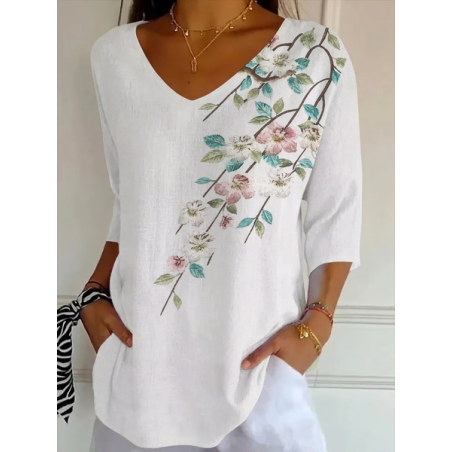 Women Floral Three Quarter Sleeve Tee T-shirt V Neck Printing Casual Graphic Tee Spring/Fall Top