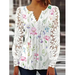 Women Floral V Neck Long Sleeve Blouse Lace Casual Daily Spring/Fall Top