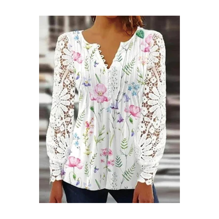 Women Floral V Neck Long Sleeve Blouse Lace Casual Daily Spring/Fall Top