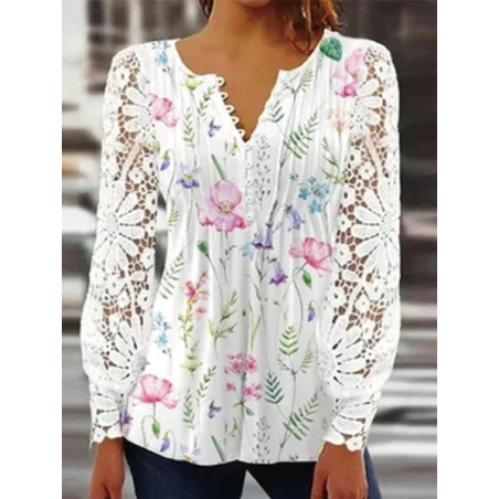 Women Floral V Neck Long Sleeve Blouse Lace Casual Daily Spring/Fall Top