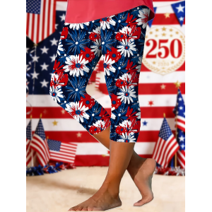 Women Floral Capris Elastic Waist Pants Casual Summer Trousers