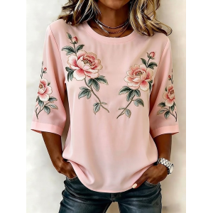 Women Floral Crew Neck Half Sleeve Blouse Printing Vintage Daily Summer Top
