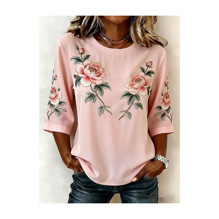 Women Floral Crew Neck Half Sleeve Blouse Printing Vintage Daily Summer Top