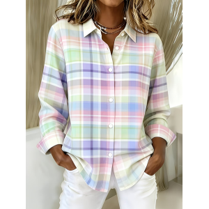 Women Plaid Shirt Collar Long Sleeve Shirt Buckle Regular Sleeve Casual Daily Spring/Fall Top