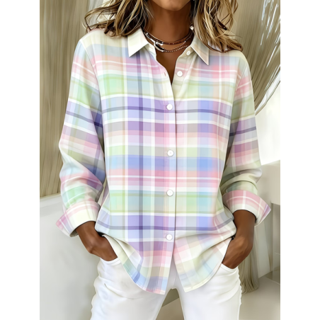 Women Plaid Shirt Collar Long Sleeve Shirt Buckle Regular Sleeve Casual Daily Spring/Fall Top